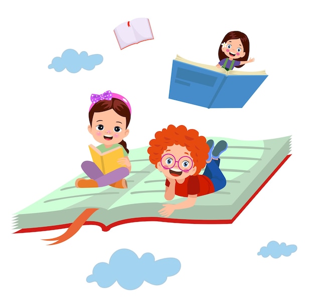 小さな子供が本に乗って飛ぶ