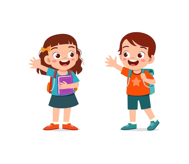 Vector little kid say hello to friend and go to school together