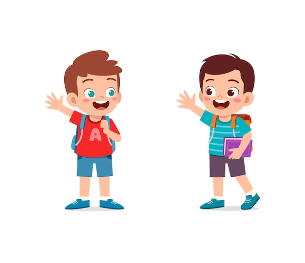 Vector little kid say hello to friend and go to school together