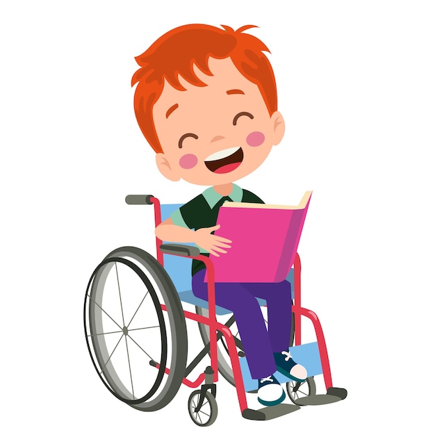 Vector little kid sit on wheelchair and feel happy