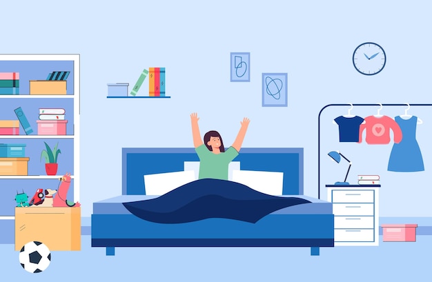 Little kid sitting in bed in morning and stretching. Lazy child waking up in home bedroom with childrens furniture, wardrobe and toys in box flat vector illustration. Routine, weekend concept