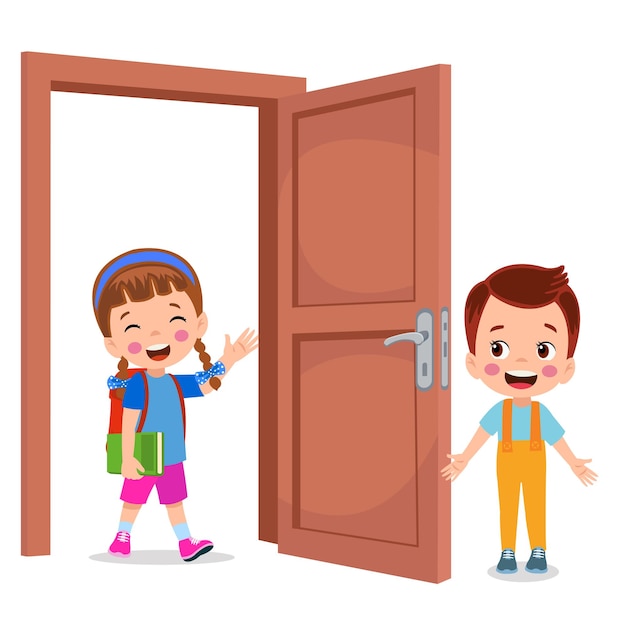 ベクトル 小さな子供が立ってドアのノブを握っている