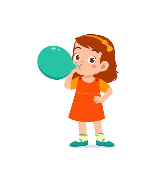 Vector little kid standing and blowing a balloon