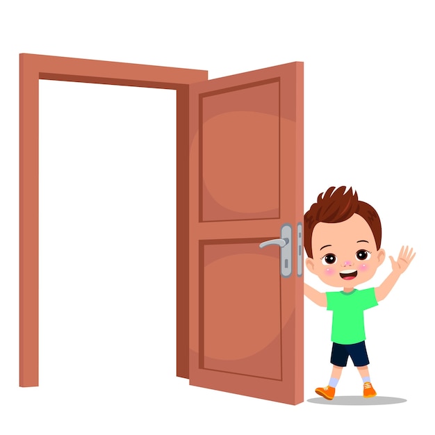 Little kid standing and holding door knob