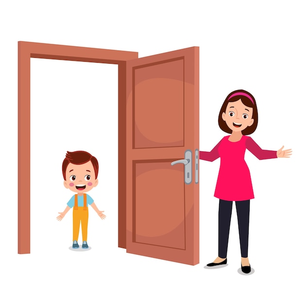 Little kid standing and holding door knob