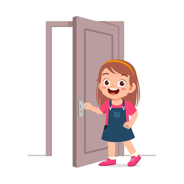 Vector little kid standing and holding door knob