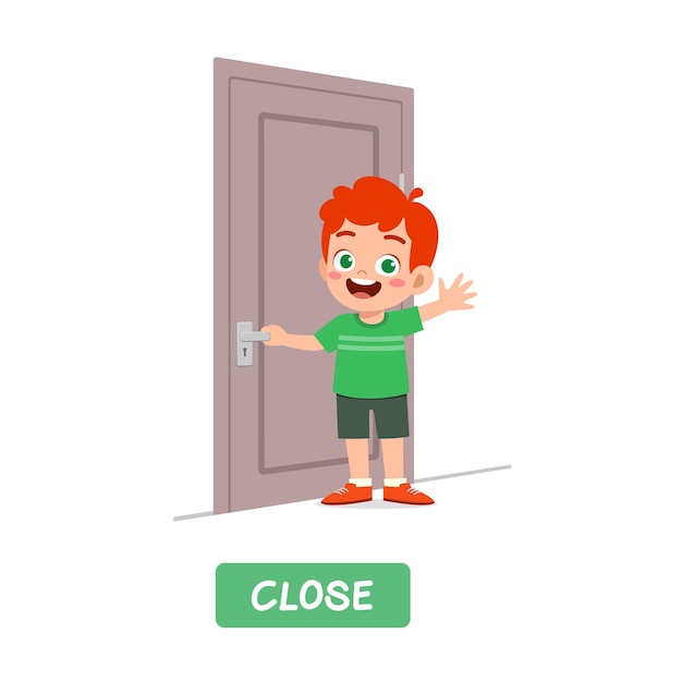 Vector little kid standing and holding door knob