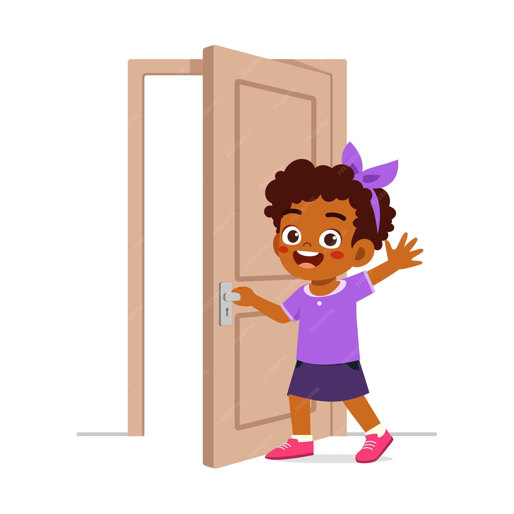 Premium Vector | Little kid standing and holding door knob