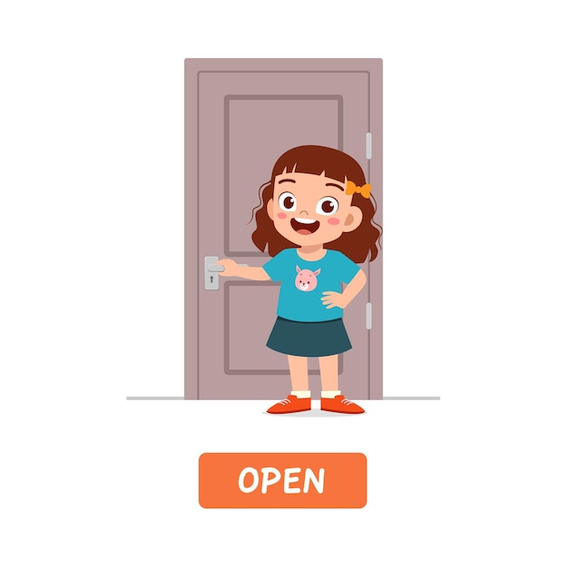 Vector little kid standing and holding door knob