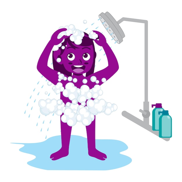 Vector little kid take a shower and wash body