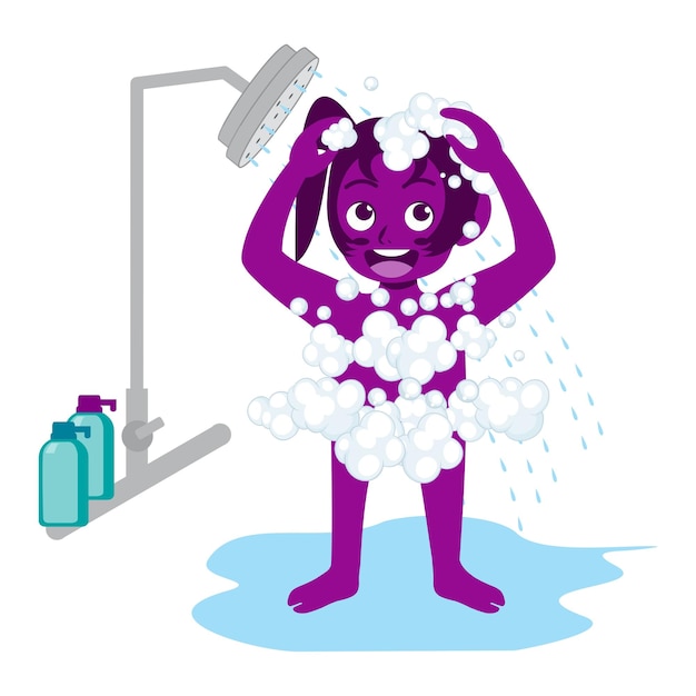 Vector little kid take a shower and wash body