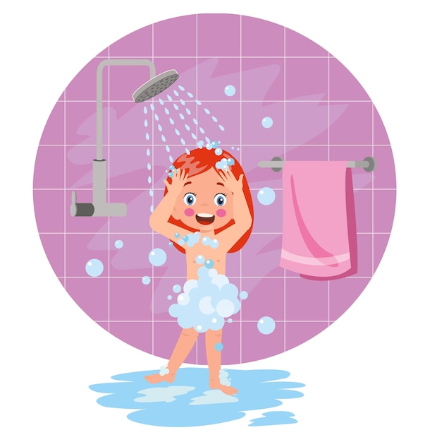 Little kid take a shower and wash body