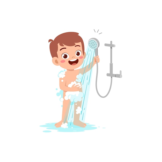 Vector little kid take a shower and wash body