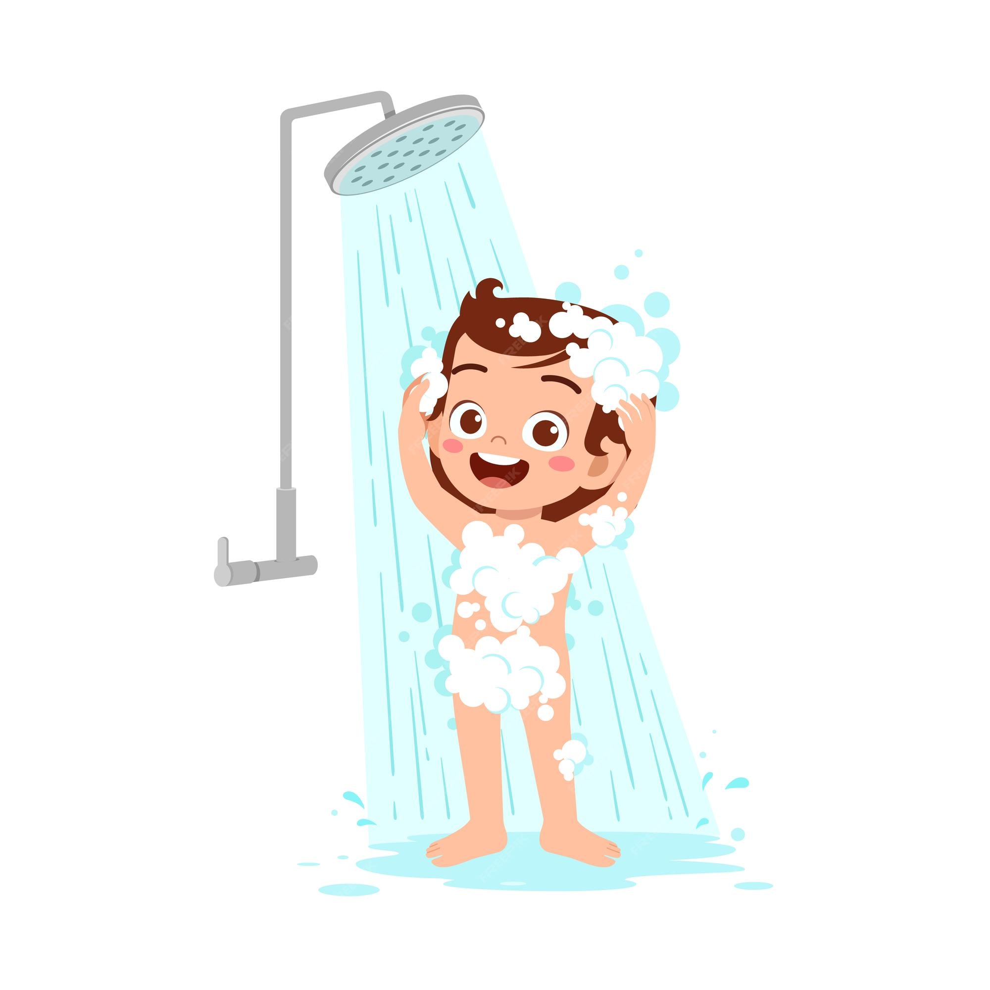 Premium Vector Little kid take a shower and wash body