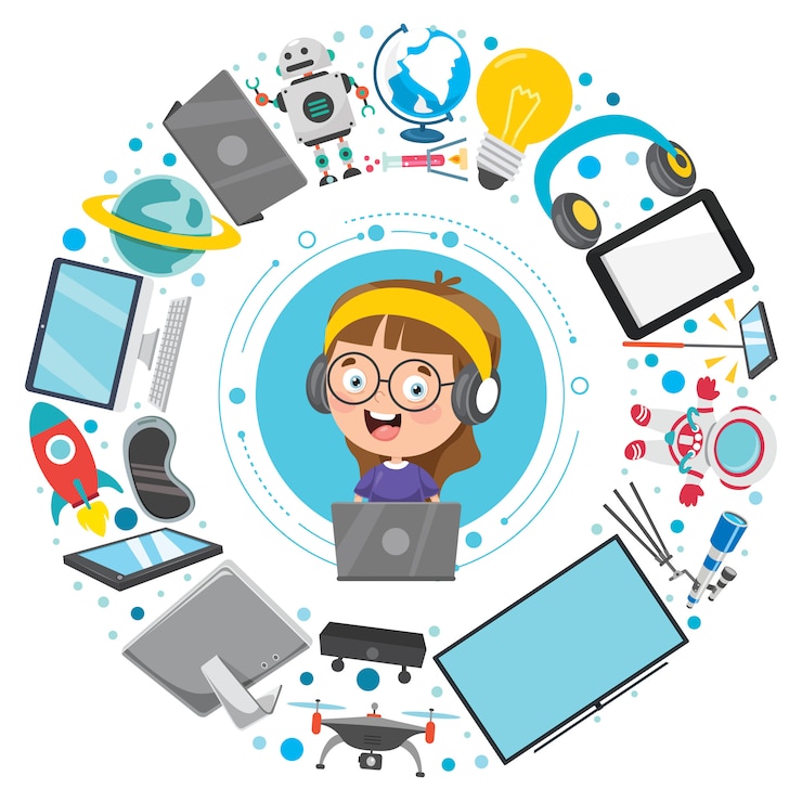 Vector little kid and technology devices