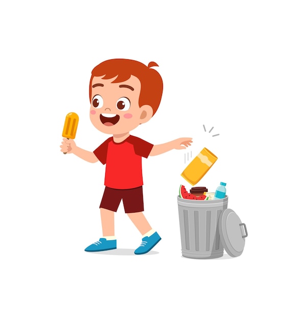 Вектор Маленький ребенок бросает мусор в мусорное ведро