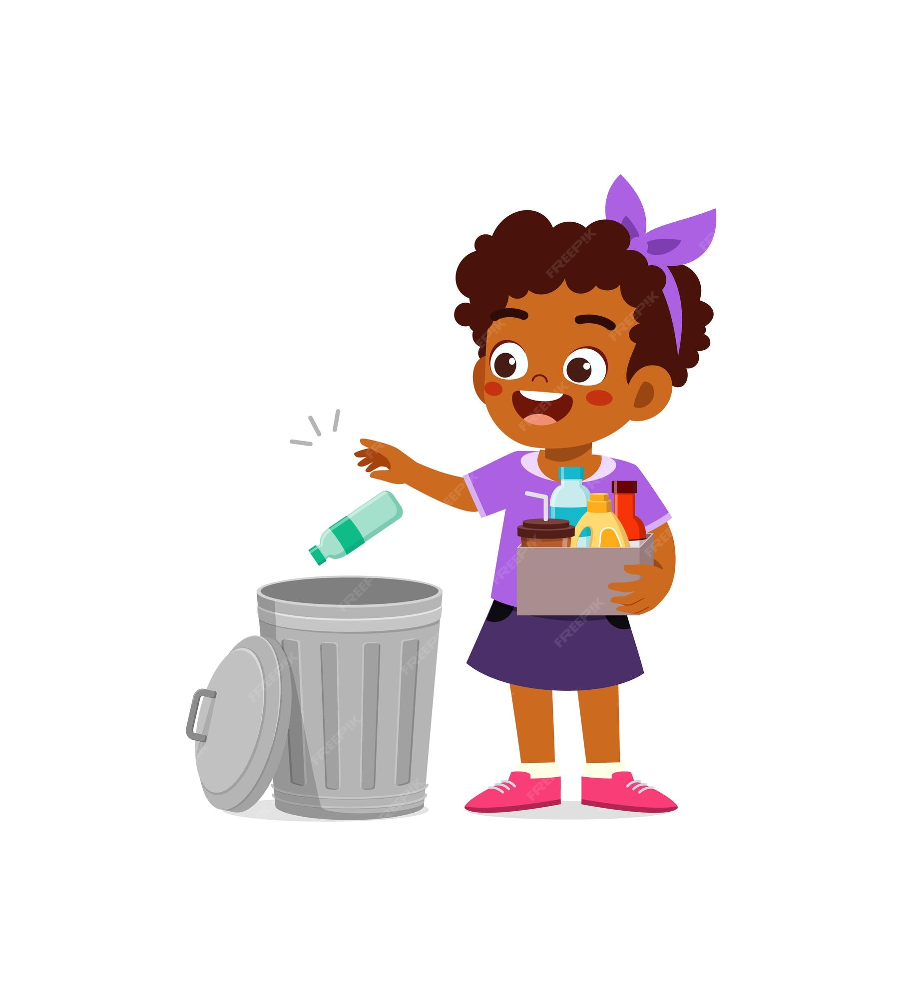 Premium Vector Little kid throw trash to trash bin