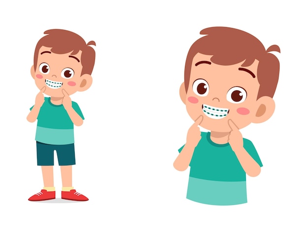 치아 교정기를 사용하고 행복을 느끼는 어린 아이