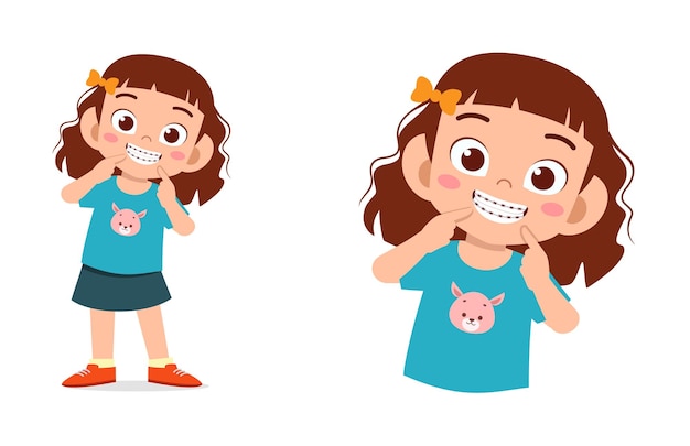 little kid using dental braces and feel happy