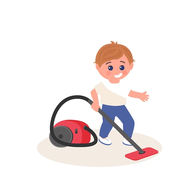 벡터 집에서 진공 청소기를 사용하는 어린 아이. 집안일을 하는 작은 소년.