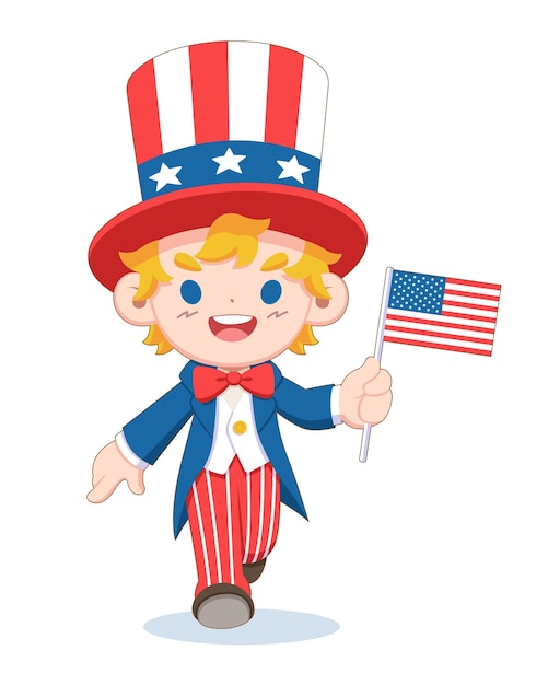 Vector little kid waving american flag illustration