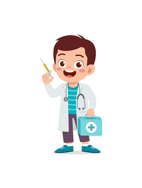 Vector little kid wearing doctor costume and play
