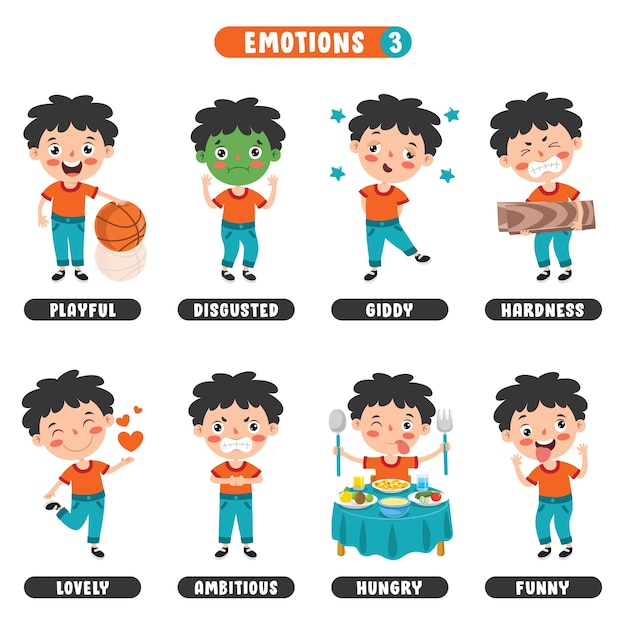 Vector little kid with different emotions