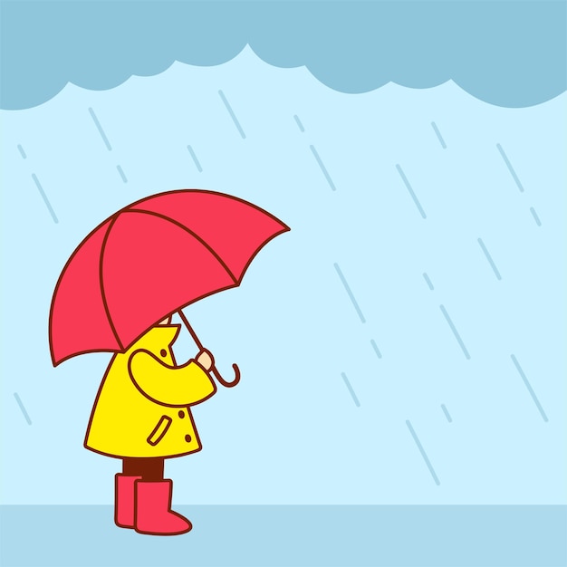 little kid in yellow raincoat with rain boots and umbrella standing under rain. cute and simple cartoon vector illustration.