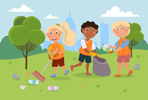 Vector little kids are cleaning up park from litter together little smiling children spending time in the