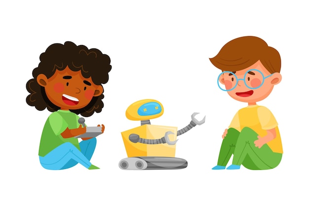 Little kids controlling robot with control panel vector illustration