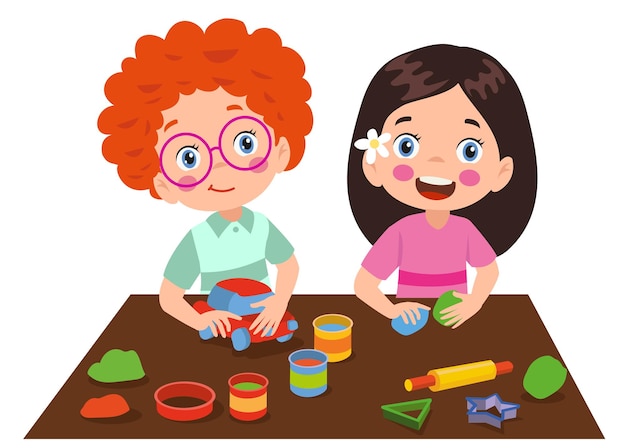 Little kids and friend play with toy clay plasticine