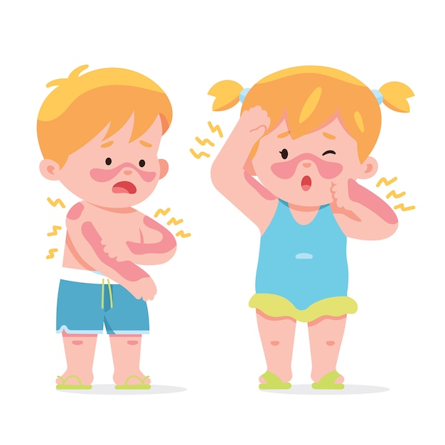 Vector little kids get sunburn in summer day