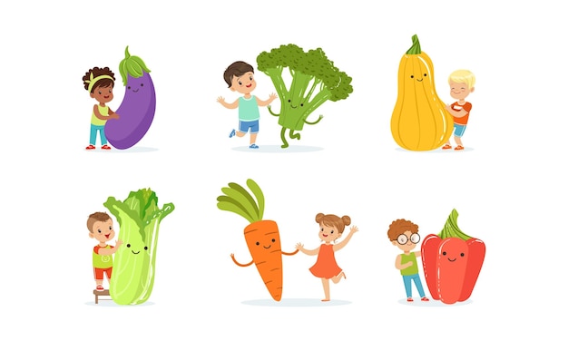 Vector little kids playing with big vegetables vector set