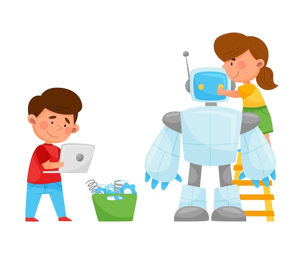 Little kids repairing and fixing robot vector illustration