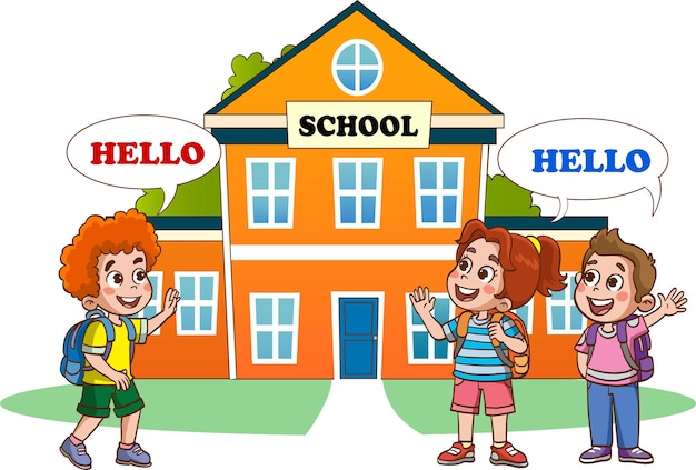 Vector little kids say hello to friend and go to school together