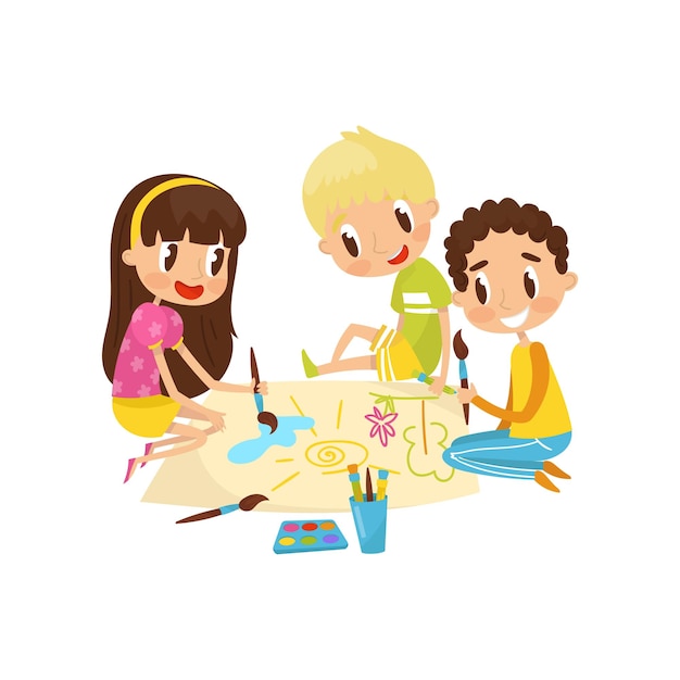 Vector little kids sitting on the floor and drawing aquarell paints on large sheet of paper education and child development concept vector illustration