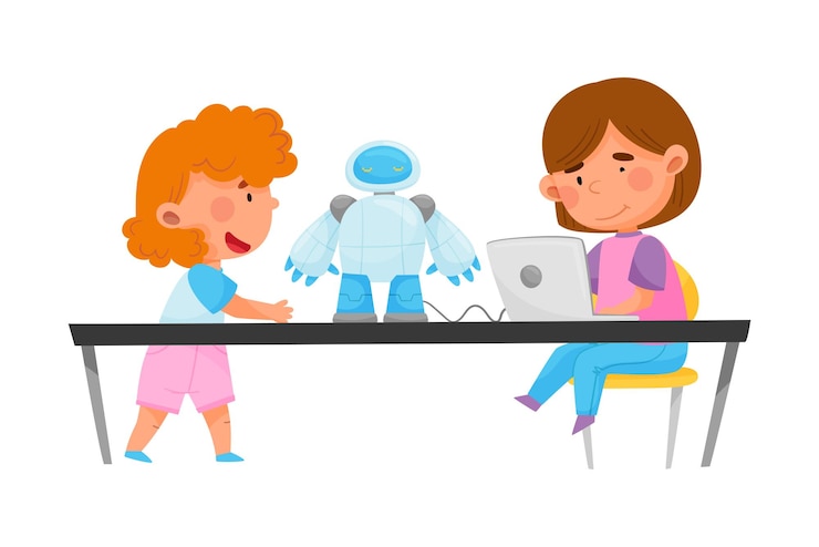 Vector little kids sitting at table and configurating robot with laptop vector illustration