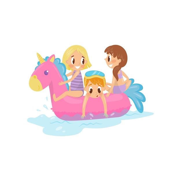 Little kids swimming at sea on pink inflatable unicorn children on floating toy summer outdoor activity flat vector design