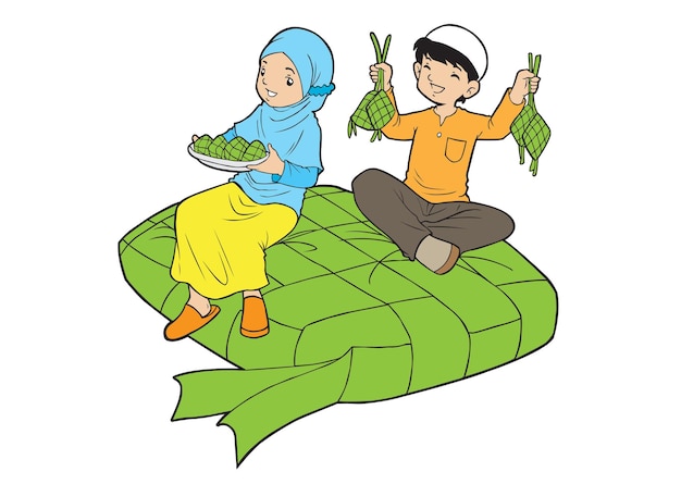 Little Kids with big ketupat vector illustration