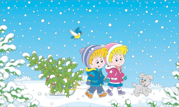 Bambini piccoli con un cucciolo che trasportano un piccolo abete innevato sulla loro slitta per decorarlo per natale