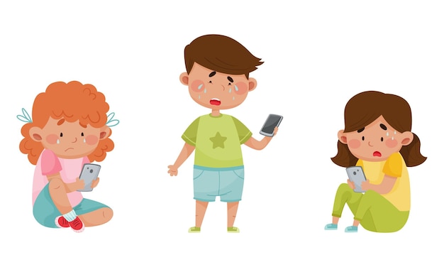 Vector little kids with smartphones and frustrating expression on their faces vector illustrations set