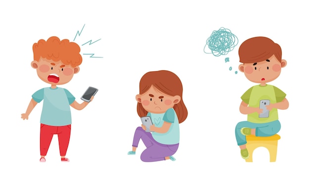 Vector little kids with smartphones and frustrating expression on their faces vector illustrations set