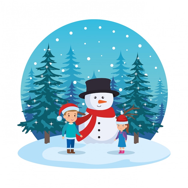 Little kids with snowman in snowscape