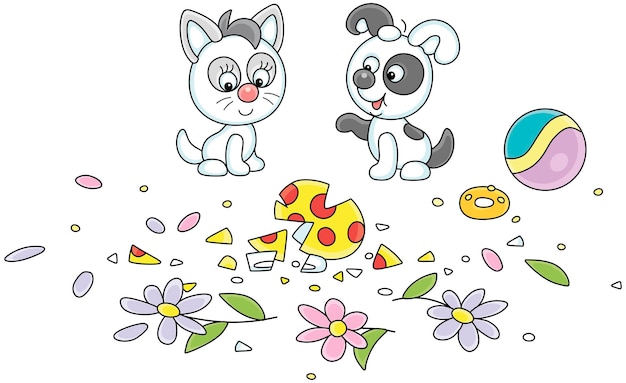 Vector little kitten and puppy looking at fragments of a broken vase with flowers after a merry game