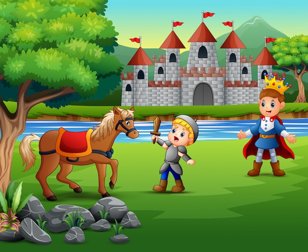 Vector little knight battling a horse to protect the prince