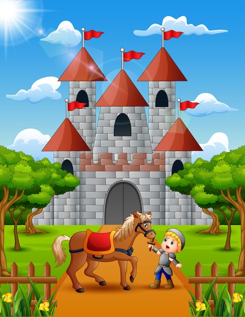 Little knight and horse in front of the castle