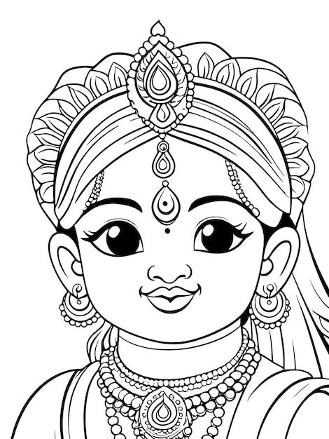 Vector little krishna coloring page line drawing vector design outline baby krishna hindu god