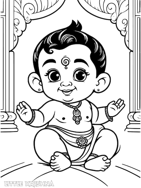 Little Krishna coloring page line drawing vector design Outline baby Krishna Hindu god