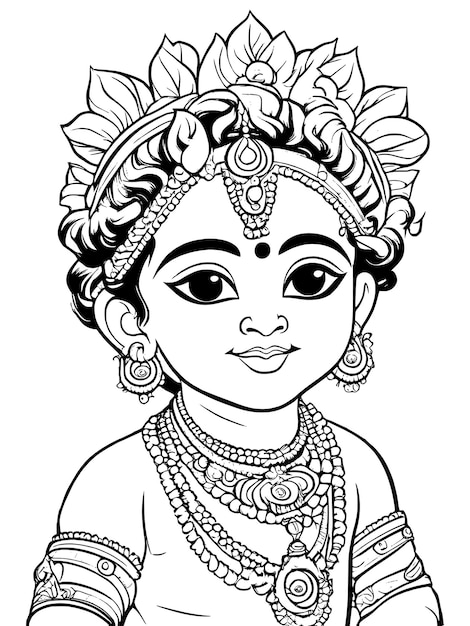 Little Krishna coloring page line drawing vector design Outline baby Krishna Hindu god