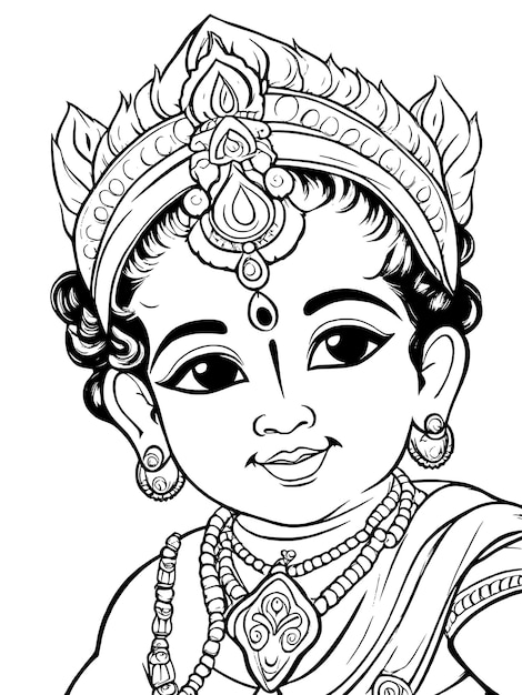 Little Krishna coloring page line drawing vector design Outline baby Krishna Hindu god